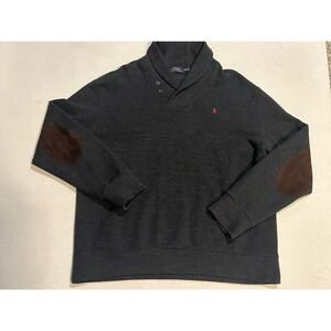 POLO Ralph Lauren Cotton Sweater Mens XXL Gray Elbow Patch Shawl Collar Red Pony